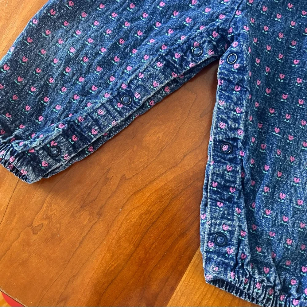 Vintage Oshkosh Girls Tulip Floral Embroidered Dark Wash Denim Overalls 12 mos